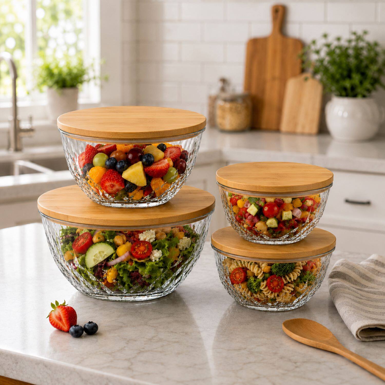 Alt View 3. Sorbus - Sorbus 4-Piece Glass Diamond Textured Bowl Set with Bamboo Lids, Mixing & Storage Microwave, Dishwasher & Freezer Safe.