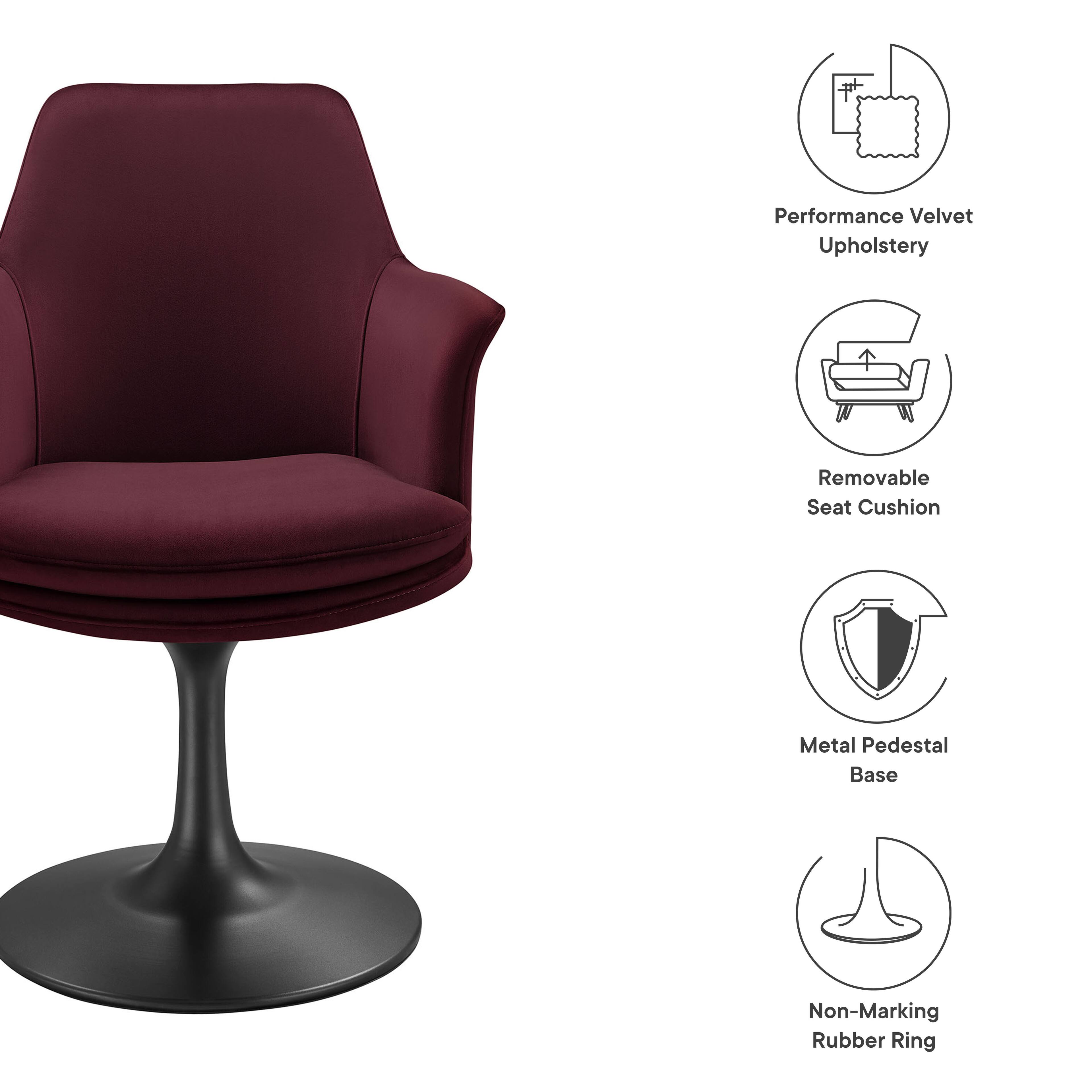 - Performance Velvet Upholstery
- Removable Seat Cushion
- Metal Pedestal Base
- Non-Marking Rubber Ring