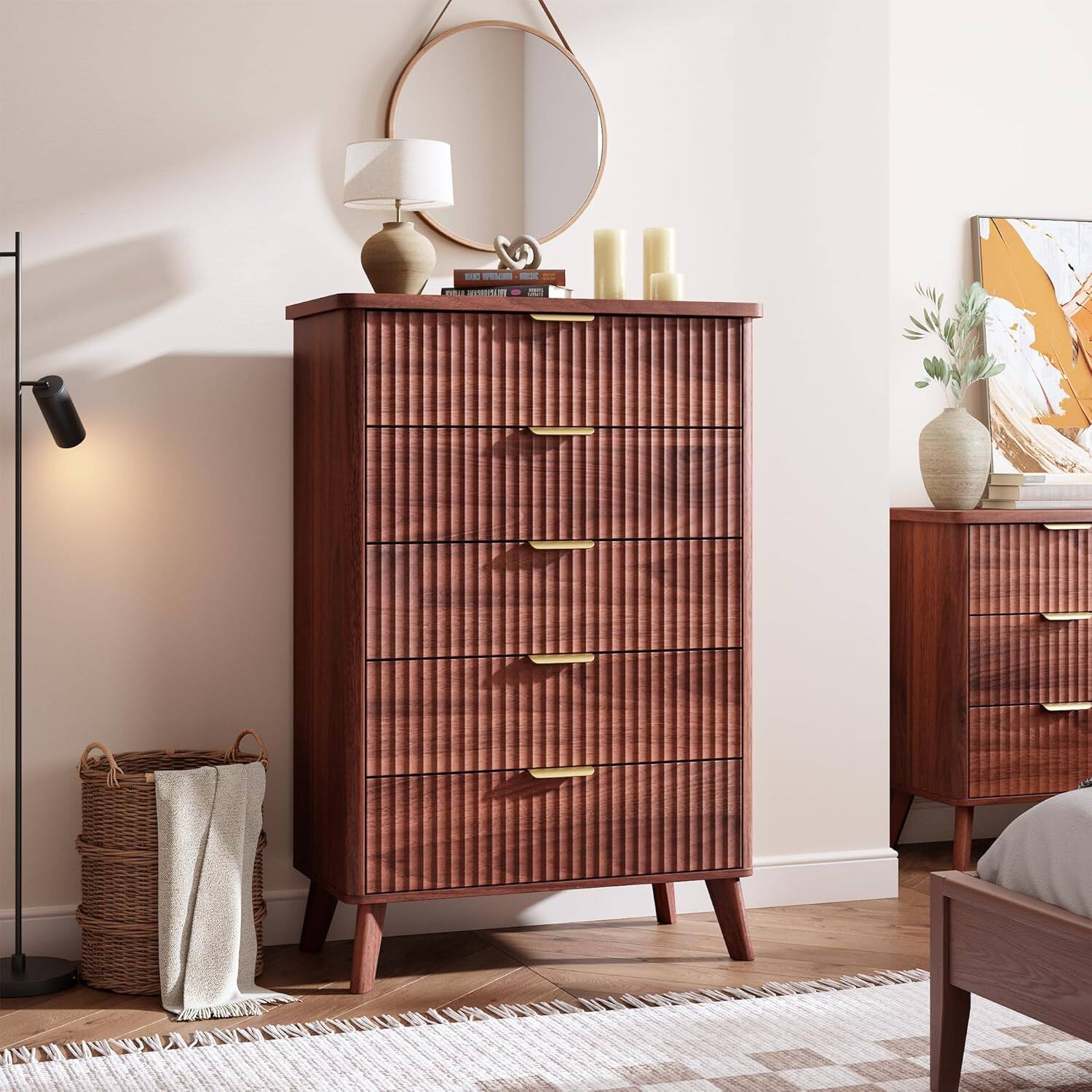 Left. Acekool - Fluted 5-Drawer Dresser, 47.2" Tall Curved-Profile Wooden Bedroom Storage Chest, Walnut - Multi.