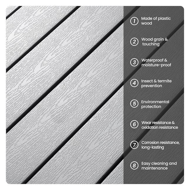 1. Made of plastic wood
2. Wood grain & touching
3. Waterproof & moisture-proof
4. Insect & termite prevention
5. Environmental protection
6. Wear resistance & oxidation resistance
7. Corrosion resistance, long-lasting
8. Easy cleaning and maintenance