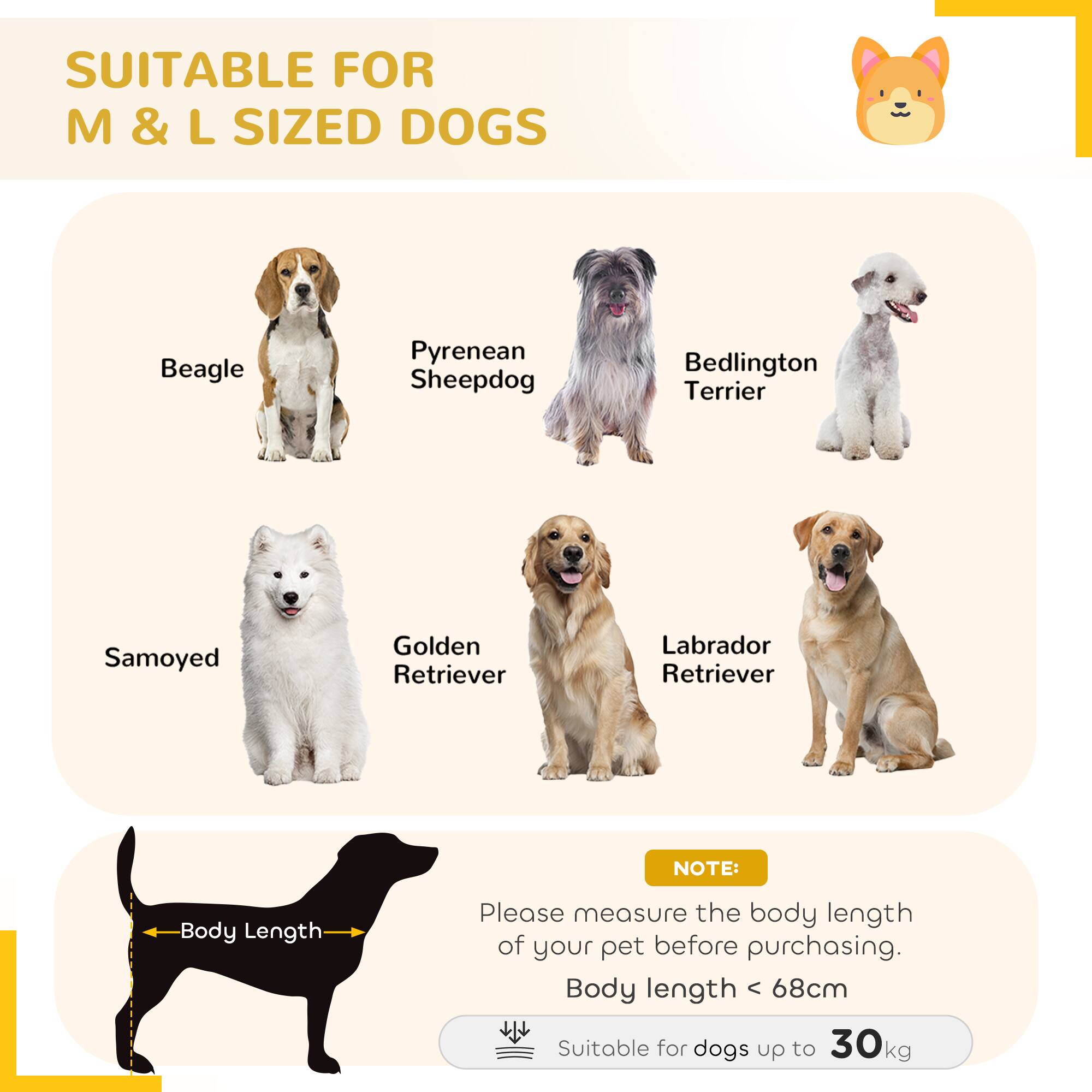 SUITABLE FOR M & L SIZED DOGS

- Beagle
- Pyrenean Sheepdog
- Bedlington Terrier
- Samoyed
- Golden Retriever
- Labrador Retriever

NOTE: Please measure the body length of your pet before purchasing. Body length < 68cm

Suitable for dogs up to 30 kg