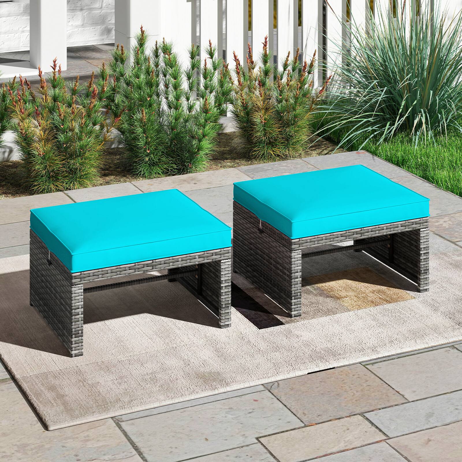 Alt View 1. Gymax - Gymax 2 Pieces Patio PE Rattan Ottomans with Soft Zippered Cushions for Deck Turquoise - Turquoise.