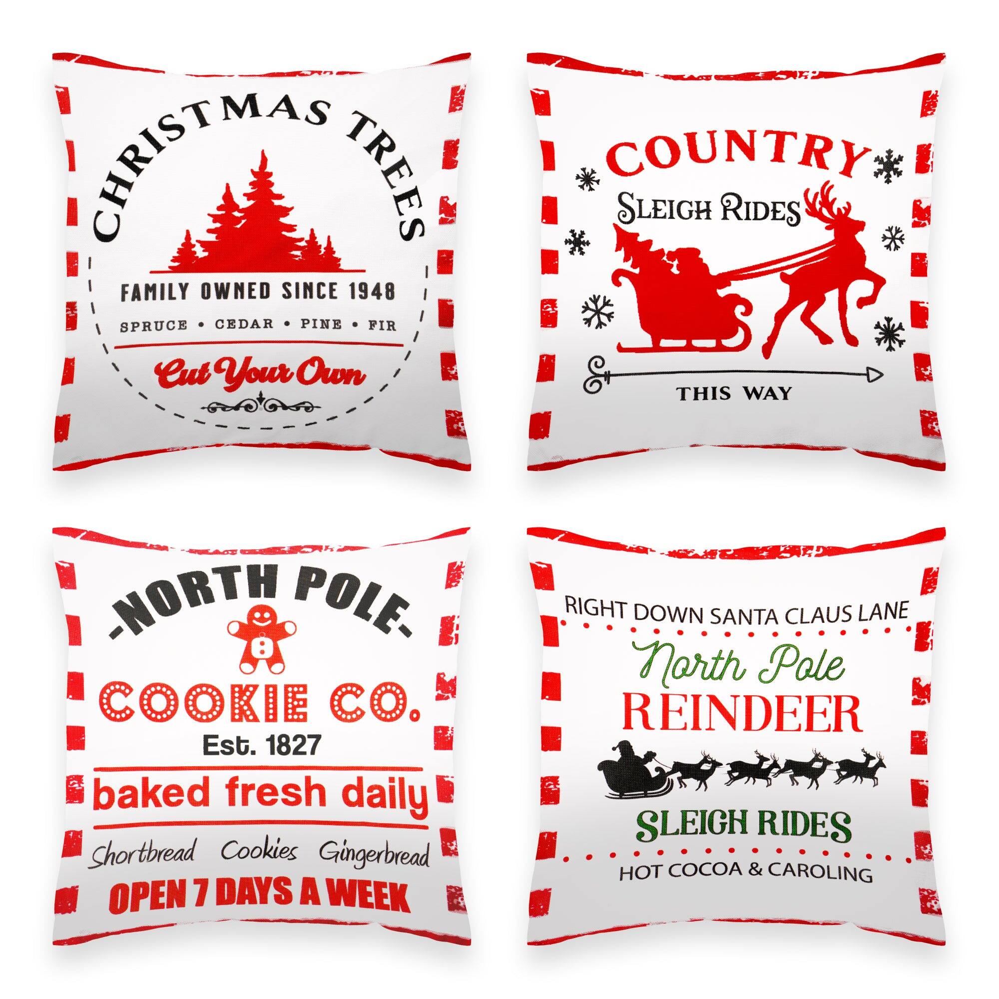 CHRISTMAS TREES  
FAMILY OWNED SINCE 1948  
SPRUCE • CEDAR • PINE • FIR  
Cut Your Own  

COUNTRY SLEIGH RIDES  
THIS WAY - NORTH POLE -  

NORTH POLE COOKIE CO.  
Est. 1827  
baked fresh daily  
Shortbread Cookies Gingerbread  
OPEN 7 DAYS A WEEK  

RIGHT DOWN SANTA CLAUS LANE  
North Pole REINDEER SLEIGH RIDES  
HOT COCOA & CAROLING