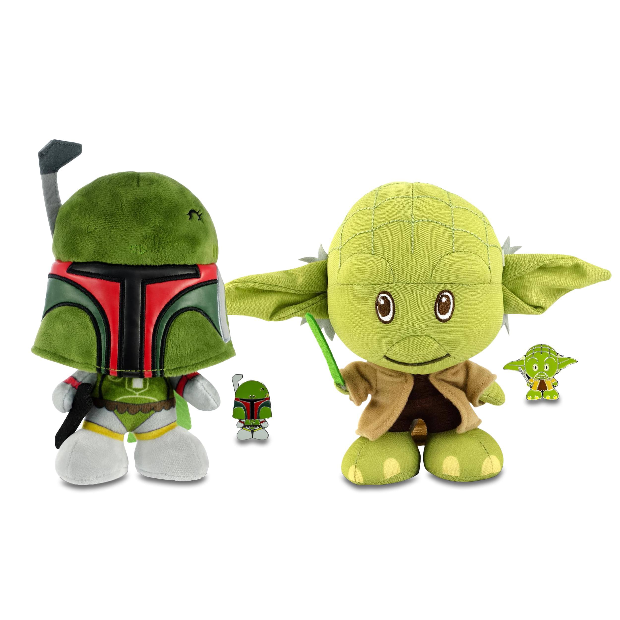 Front. Star Wars - Star Wars Stylized 7 Inch Plush w/ Enamel Pins | Set of 2 | Yoda & Boba Fett.