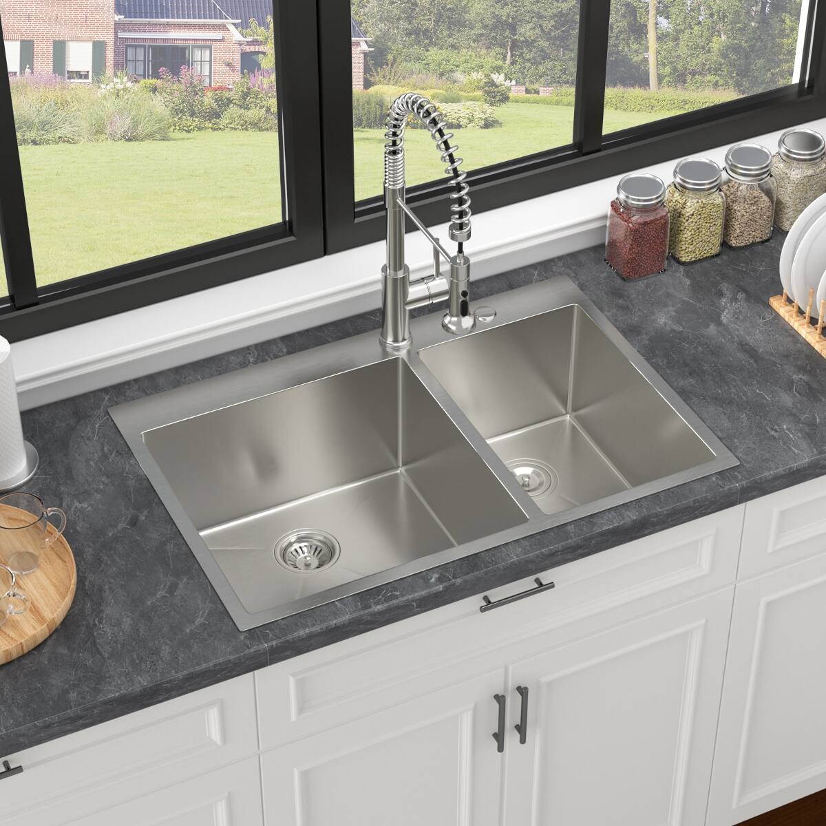 Ropilly 33 inch drop in double bowl kitchen sink, 16 gauge T304 ...