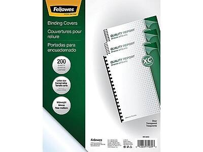 Fellowes  
Binding Covers  
Couvertures pour reluire  
Portadas para encuadernado  

200  

Letter size  
Formal  
Tamaño carta  

Midweight  
Médio  
Peso medio  

XC  

Clear  
Transparente  

Quality Report  
Director of Quality