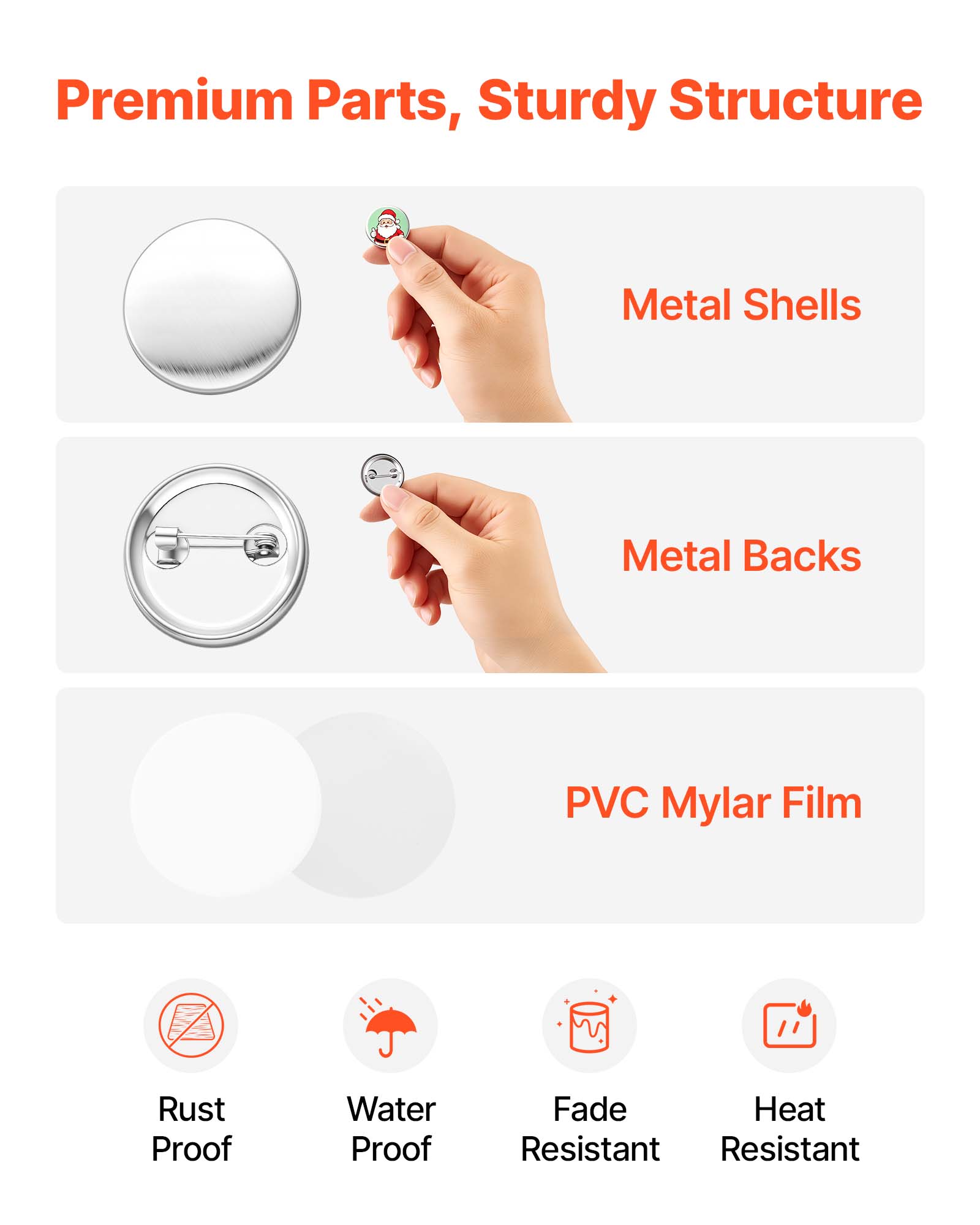 Premium Parts, Sturdy Structure  
Metal Shells  
Metal Backs  
PVC Mylar Film  
Rust Proof  
Water Proof  
Fade Resistant  
Heat Resistant