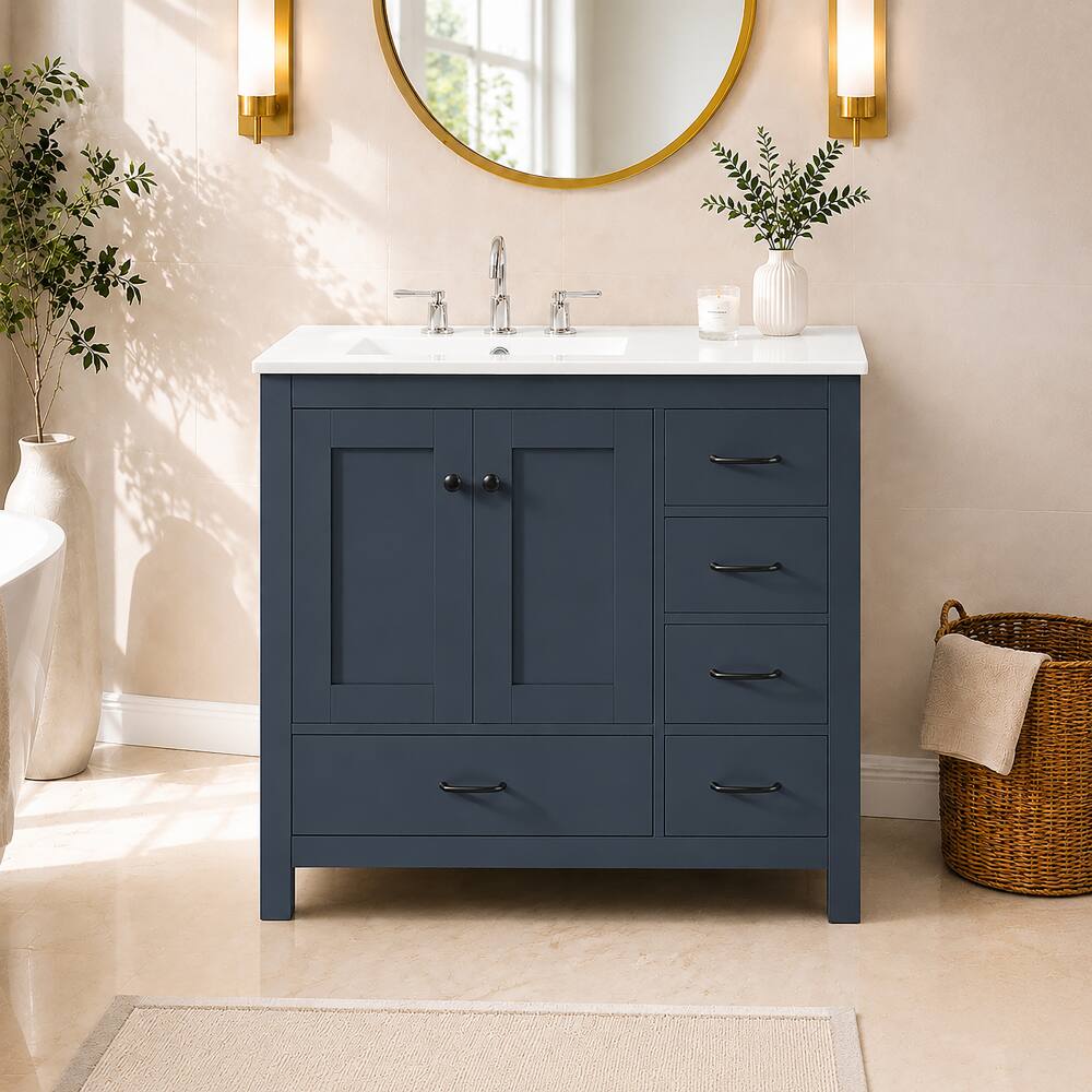 Angle. JUJABU - 36" Blue Bathroom Vanity with Ceramic Sink, 2 Soft-close Doors and 5 Drawers - Blue.