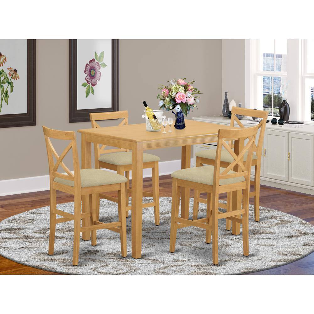 Left. East West Furniture - YAPB5-OAK-C 5 Pc counter height Dining set - high top Table and 4 Dining Chairs. - Oak.