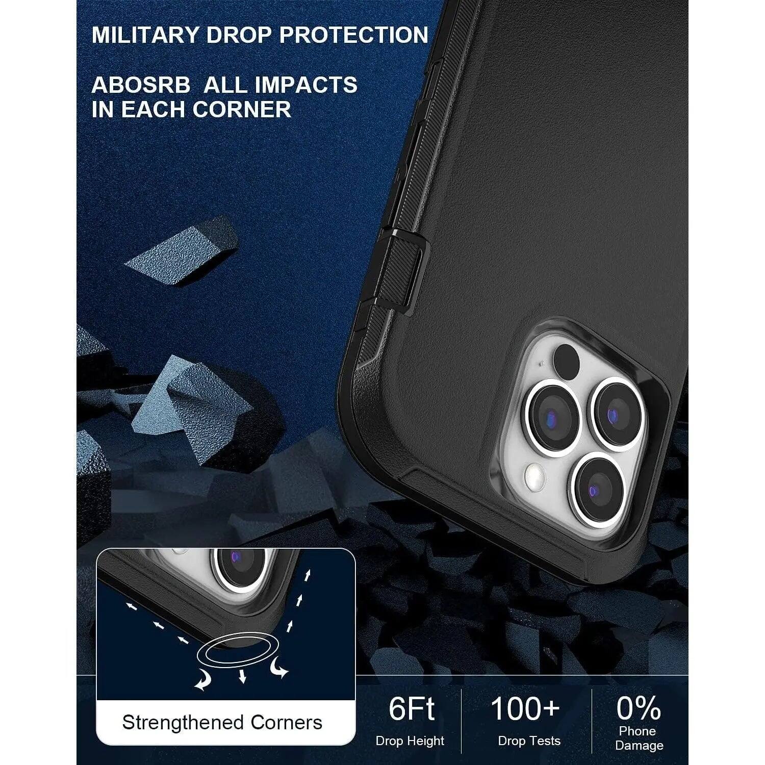 MILITARY DROP PROTECTION  
ABSORB ALL IMPACTS IN EACH CORNER  
Strengthened Corners  
6Ft Drop Height  
100+ Drop Tests  
0% Phone Damage
