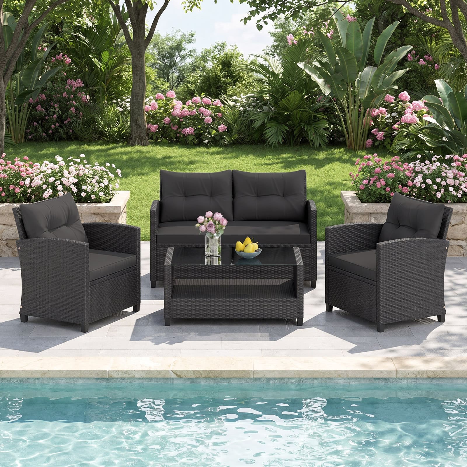 Costway - 4 PCS Outdoor Rattan Furniture Set Cushioned Sofa Armrest Table with Lower Shelf - Mix Black+Black