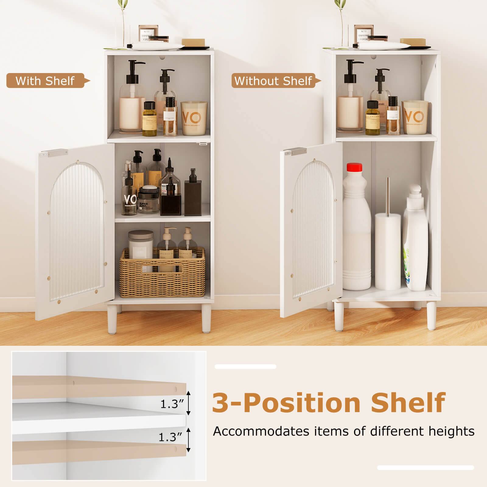 With Shelf  
Without Shelf  

3-Position Shelf  
Accommodates items of different heights  

1.3"  
1.3"