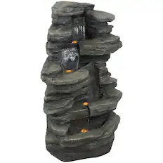 Front. Sunnydaze - Electric Stacked Shale Water Fountain with LED Lights - 38 in - Grey.