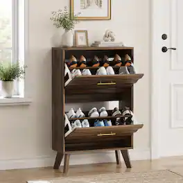 MERAVOM - Shoe Cabinet with 2 Flip Drawers, Narrow Shoe Cabinet, Freestanding Shoe Organizer with Adjustable Shelves for Hallway - Brown