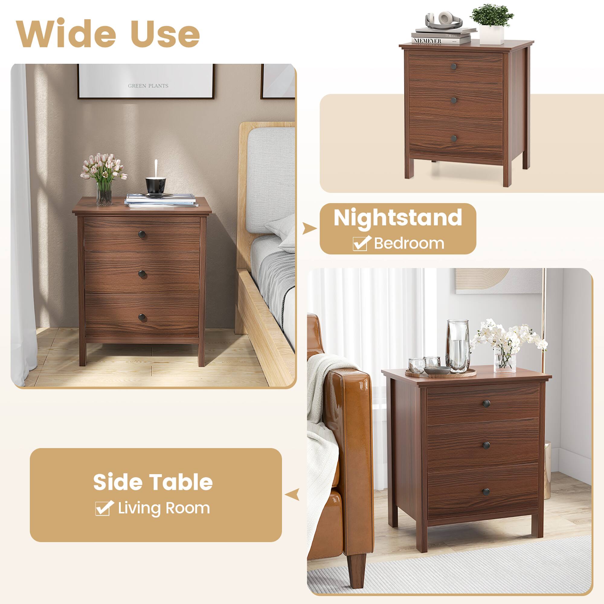 Wide Use
Nightstand
Bedroom
Side Table
Living Room