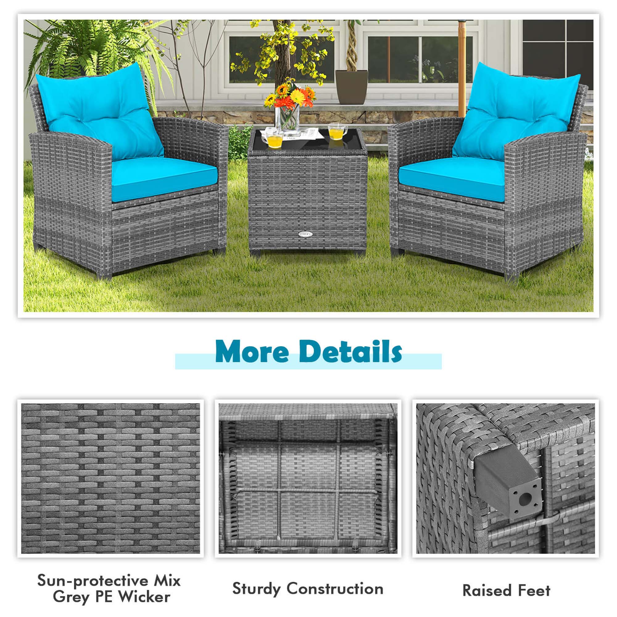The text on the image reads: "More Details Sun-protective Mix Grey PE Wicker Sturdy Construction Raised Feet."