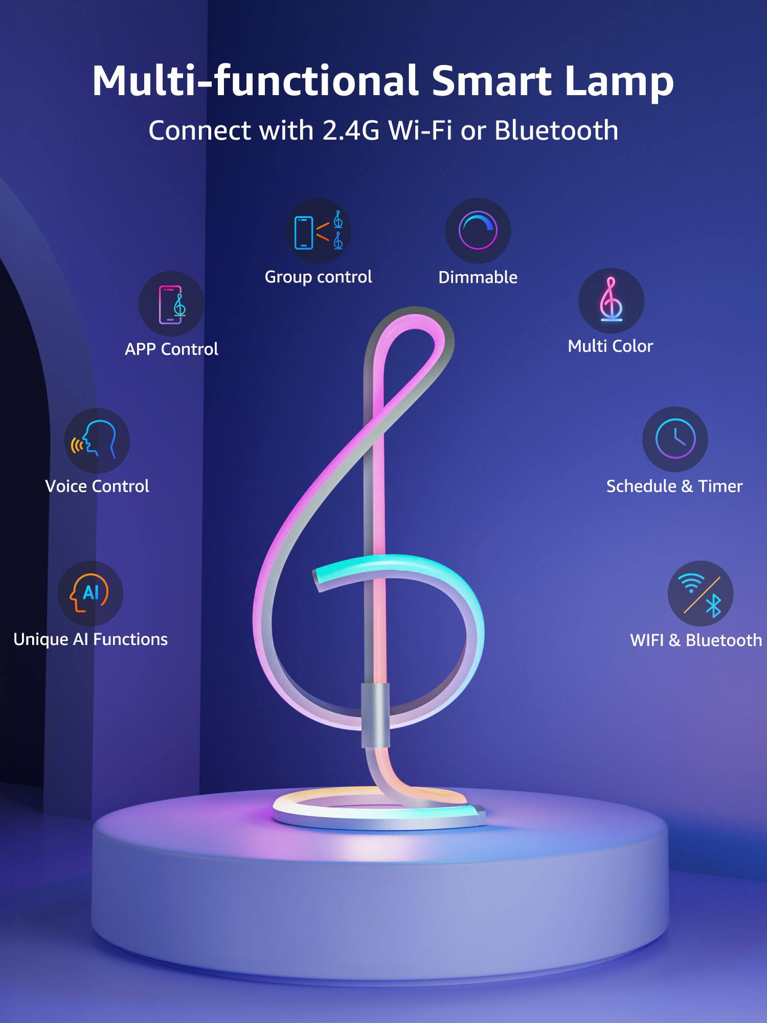 Multi-functional Smart Lamp Connect with 2.4G Wi-Fi or Bluetooth Group control Dimmable APP Control Multi Color Voice Control Schedule & Timer AI Unique Al Functions WIFI & Bluetooth