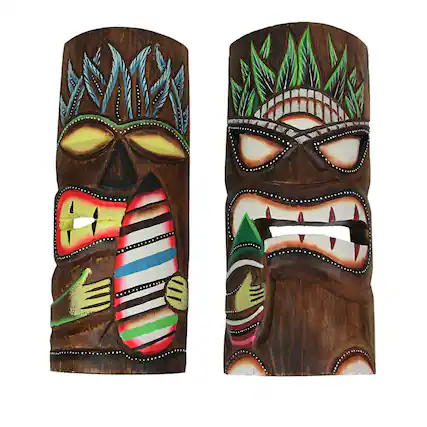 Front. J.D. Yeatts - 12 Inch Hand Carved Wooden Surfer Tiki Masks Wall Hanging Beach Home Decor Set - Multicolored.