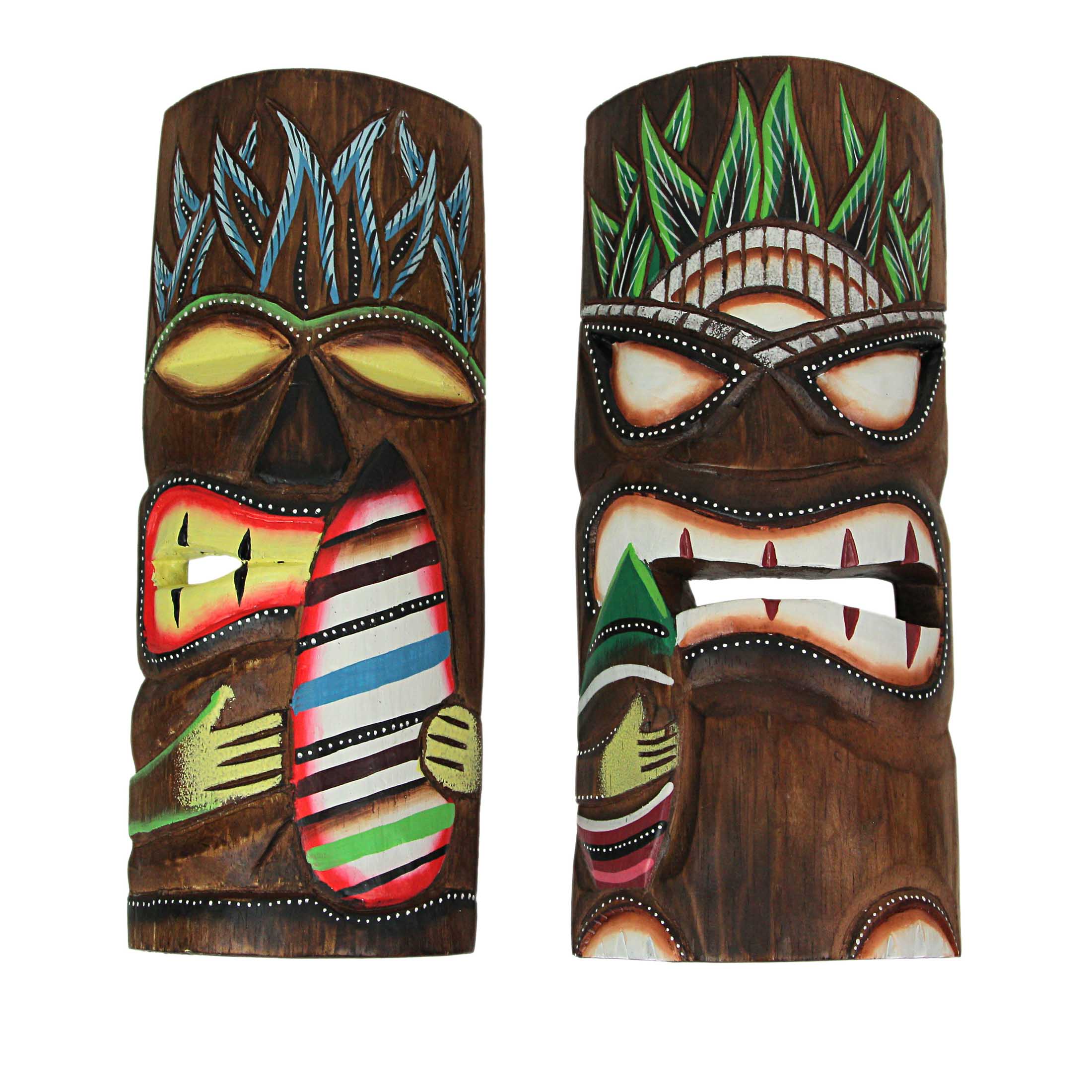 Front. J.D. Yeatts - 12 Inch Hand Carved Wooden Surfer Tiki Masks Wall Hanging Beach Home Decor Set - Multicolored.