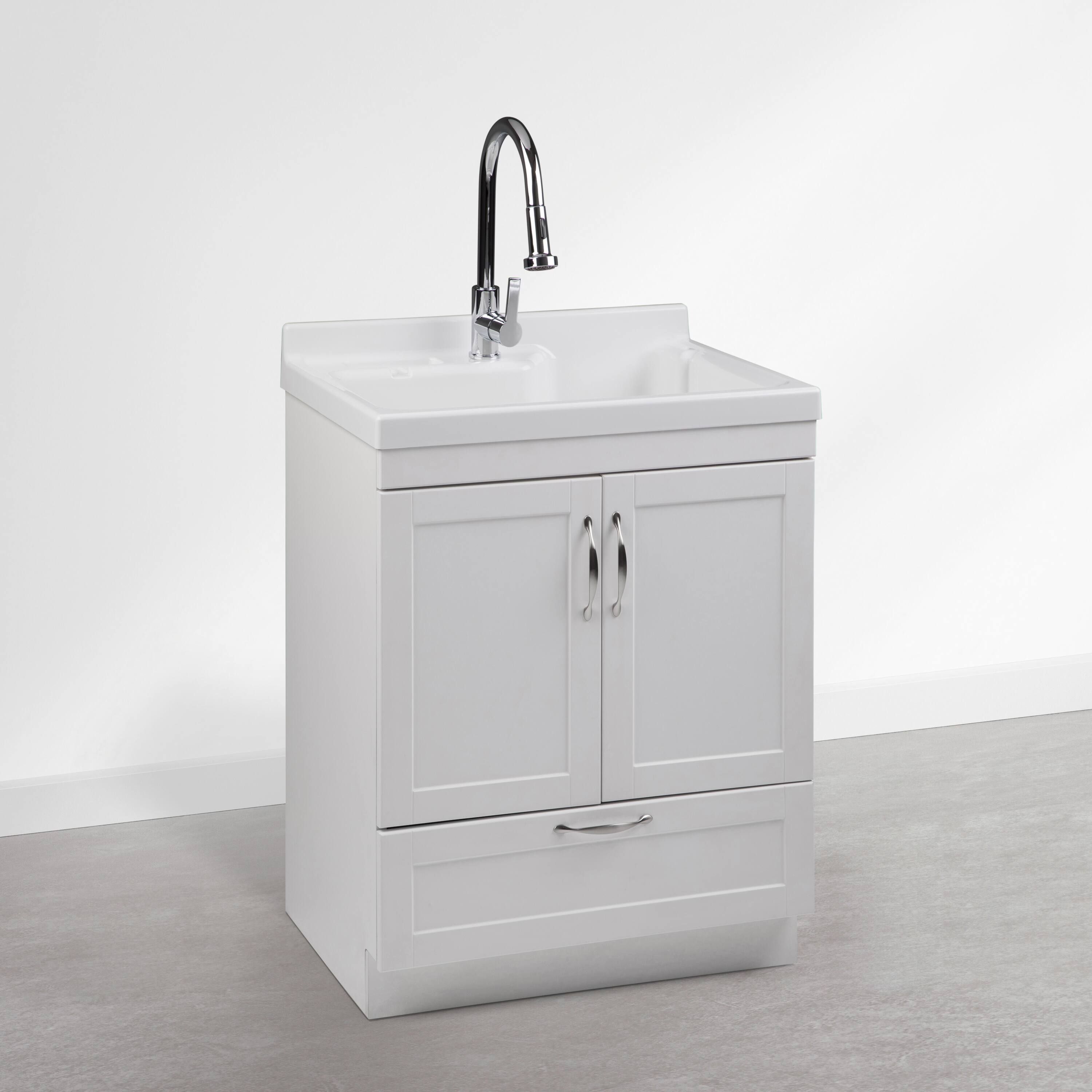 Angle. Simpli Home - Maile 28 inch Wide Utility Sink and Laundry Cabinet, Glacier White Finish - Glacier White.