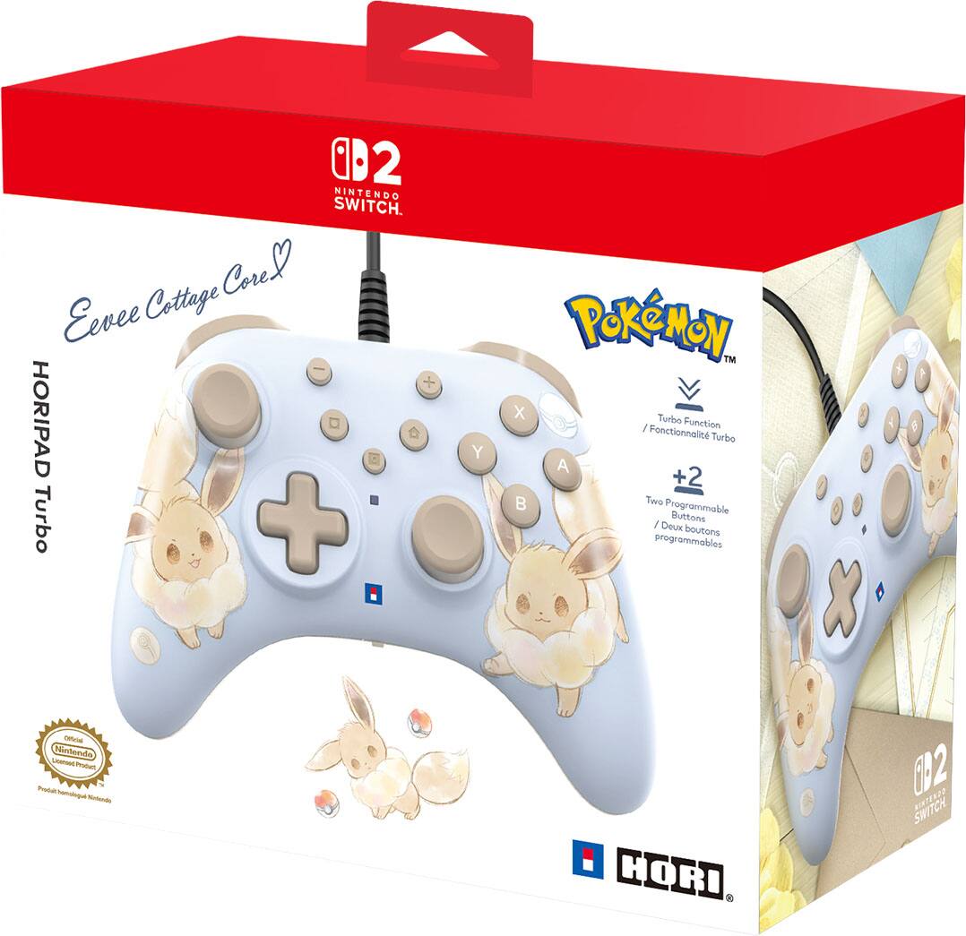 2 Nintendo Switch  
Eevee Cottage Core  
HORIPAD Turbo  

Pokémon  
Turbo Function / Fonctionnalité Turbo  
+2 Two Programmable Buttons / Deux boutons programmables  

HORI  

Official Nintendo Licensed Product  
Produit officiel Nintendo