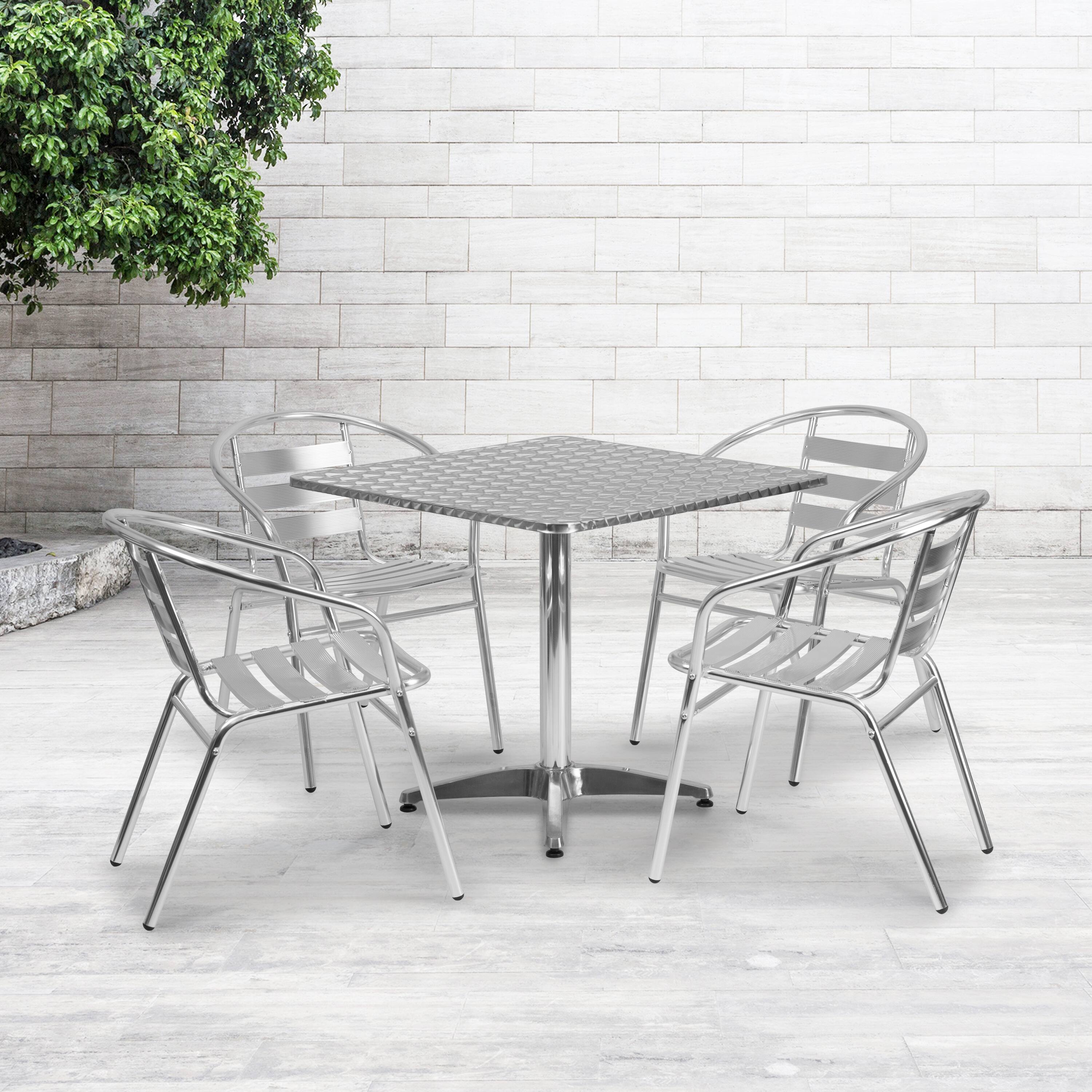 Alt View 1. Emma + Oliver - 31.5'' Square Aluminum Indoor-Outdoor Table Set with 4 Slat Back Chairs - Aluminum.