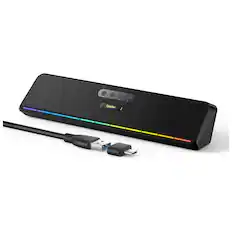 Front. Dazzed Corner - USB Computer Sound Bar Speaker with Stereo Sound, LED, Bluetooth & Wired Input - Black.