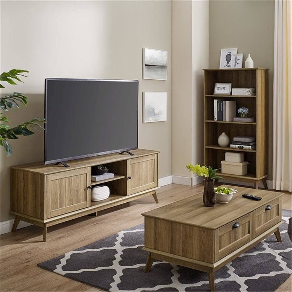 Angle. Caffoz - Newport Series Tall Center Coffee Table With Two Fully Extended Drawers - Golden Oak.