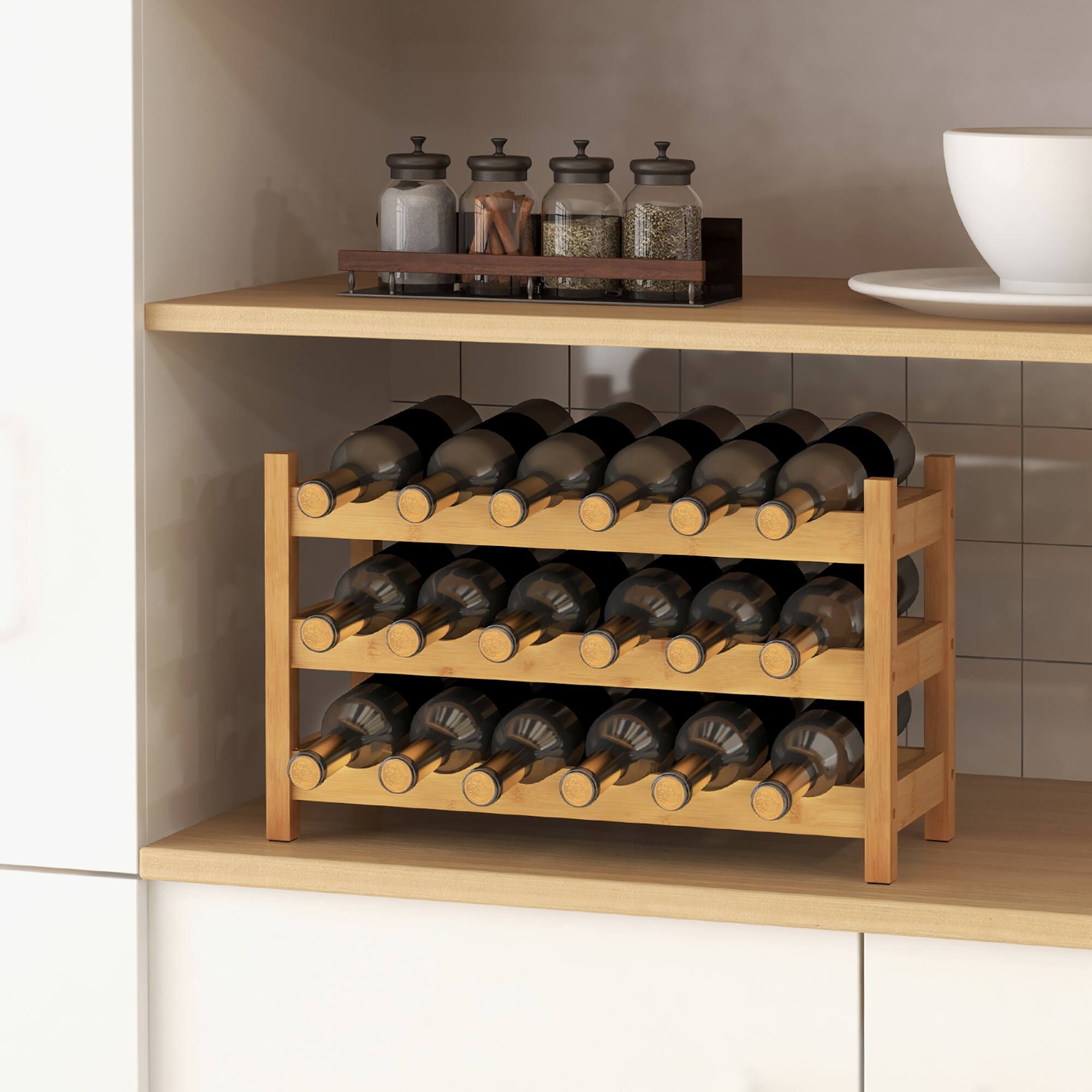 Gymax 3 Tier 18 Bottle Wine Storage Cabinet Shelf Bamboo Wine Rack for ...