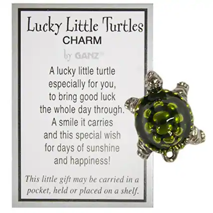 Lucky Little Turtles CHARM
by GANZ®
A lucky little turtle especially for you, to bring good luck the whole day through. A smile it carries and this special wish for days of sunshine and happiness!
This little gift may be carried in a pocket, held or placed on a shelf.