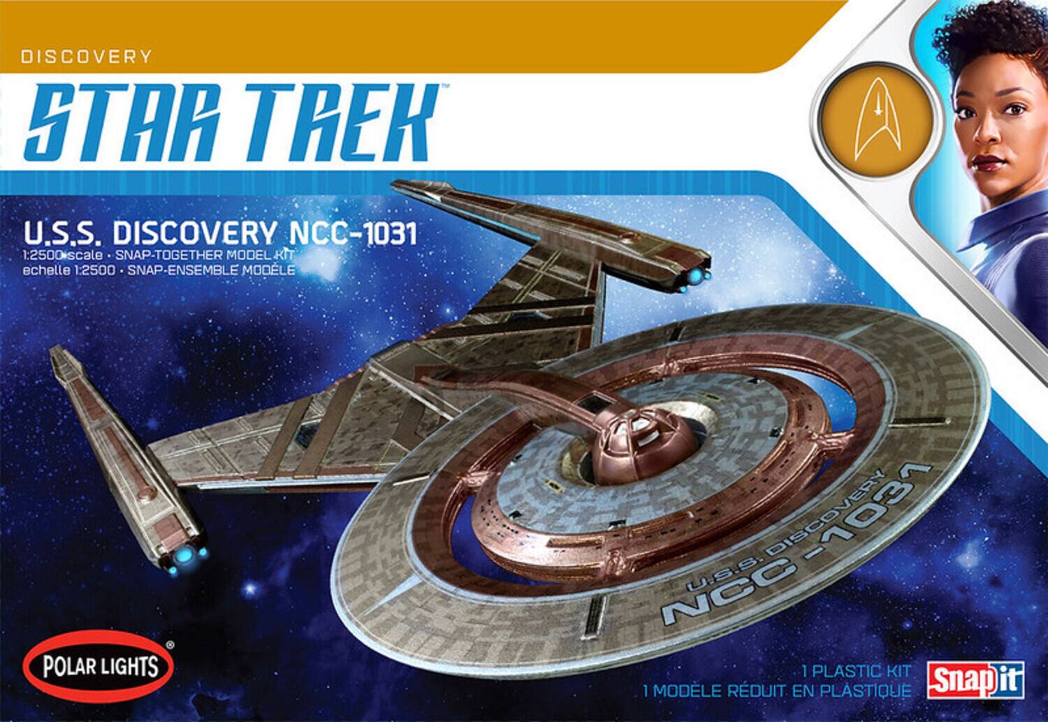 DISCOVERY  
STAR TREK  
U.S.S. DISCOVERY NCC-1031  
1:2500 scale SNAP-TOGETHER MODEL KIT  
echelle 1:2500 • SNAP-ENSEMBLE MODÈLE  
POLAR LIGHTS  
Ne0-1031 DISCOVERY - NCC U.S.S. 1  
PLASTIC KIT 1 MODÈLE RÉDUIT EN PLASTIQUE