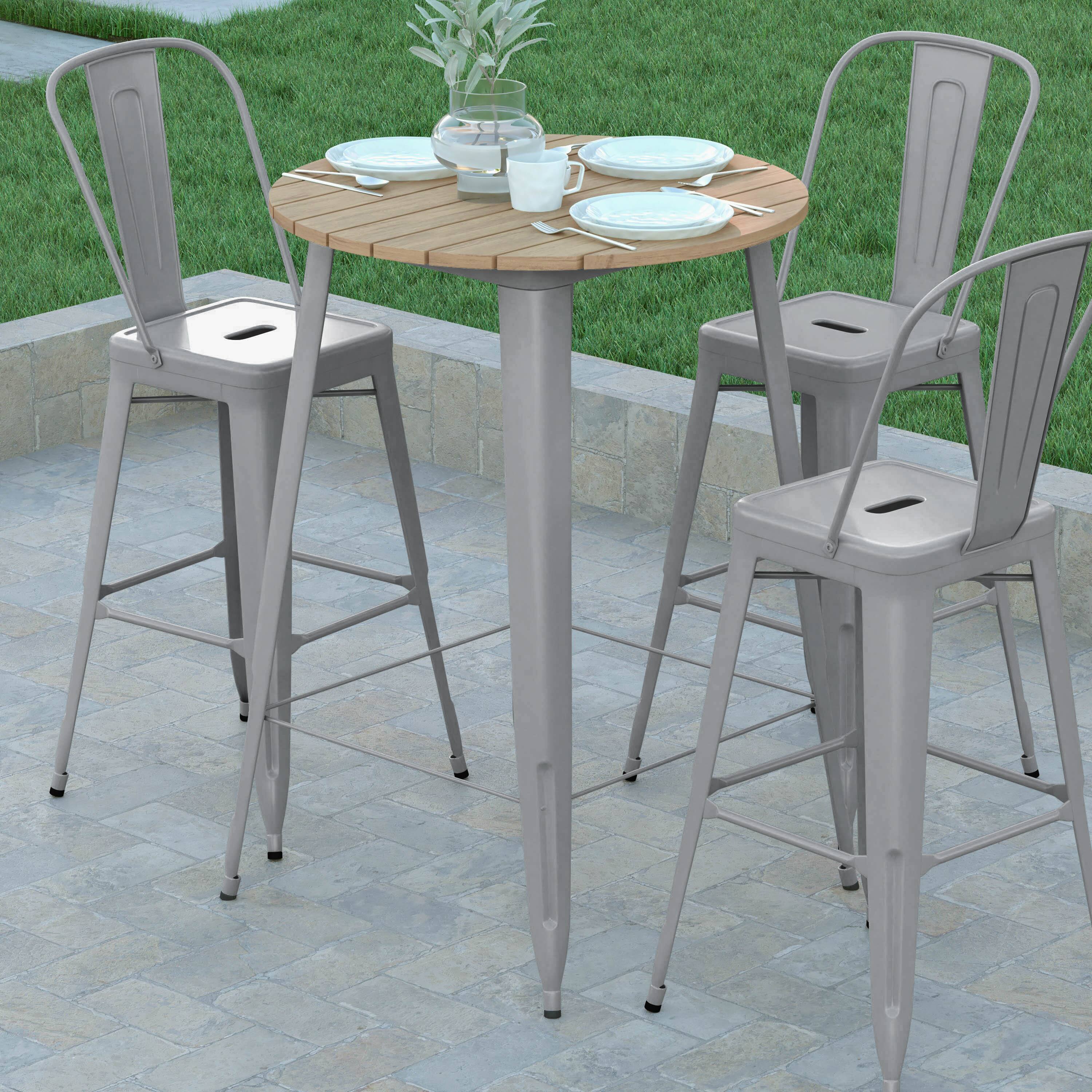 Alt View 3. Emma + Oliver - Drew Indoor/Outdoor Bar Top Table, 30" Round All Weather Poly Resin Top with Steel base - Brown Top/Silver Frame.