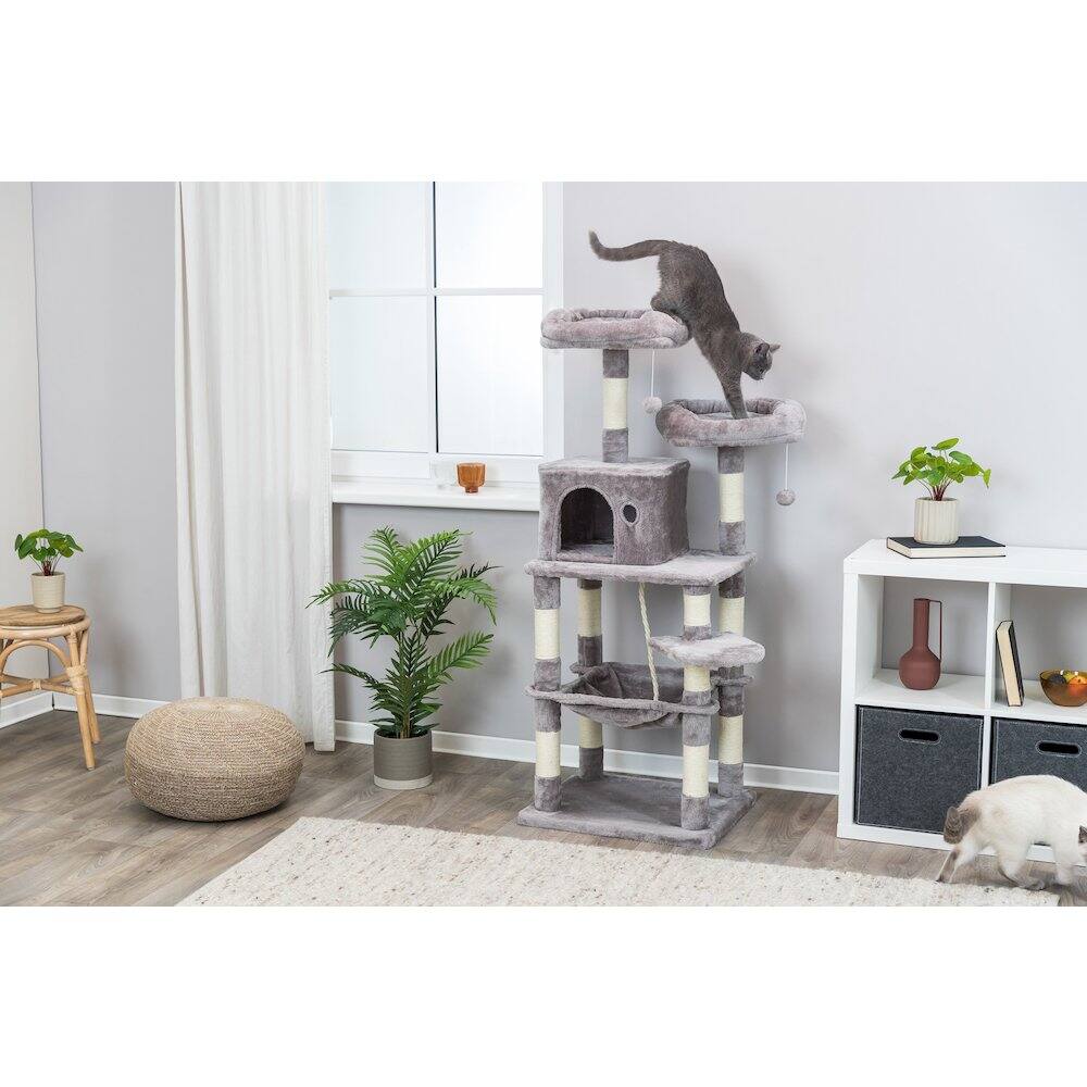 Left. TRIXIE - Eduardo Plush & Sisal 4-Level 57.1" Cat Tree with Scratching Posts & Condo, Gray - Gray.