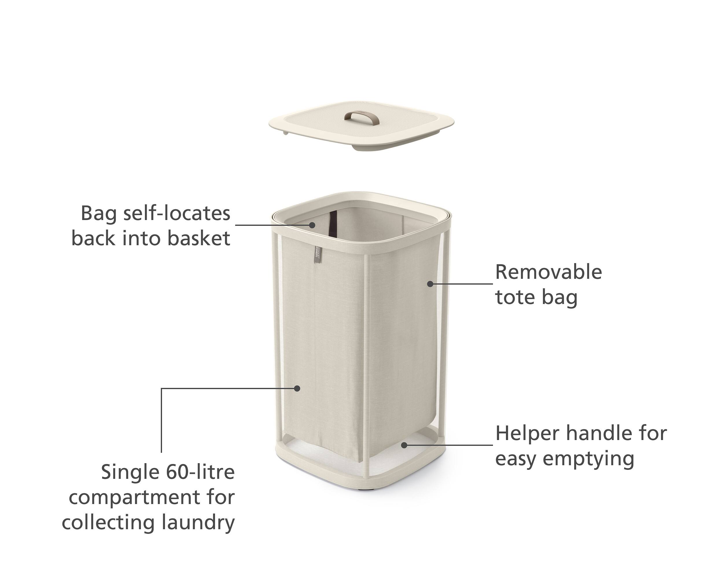 - Bag self-locates back into basket
- Removable tote bag
- Single 60-litre compartment for collecting laundry
- Helper handle for easy emptying