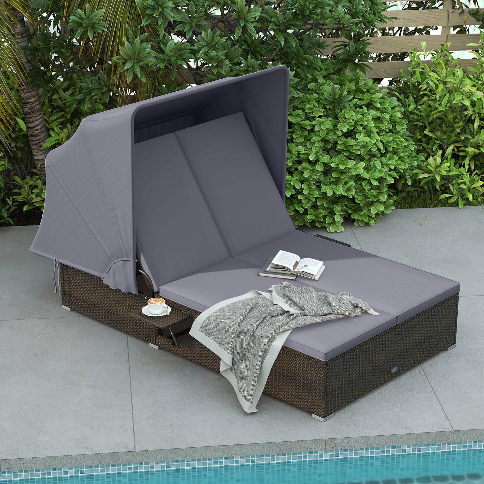 Alt View 4. Costway - Costway 2-person Rattan Lounge Bed with Retractable Canopy 5-position Adjustable Backrest - Mix Brown,Gray.