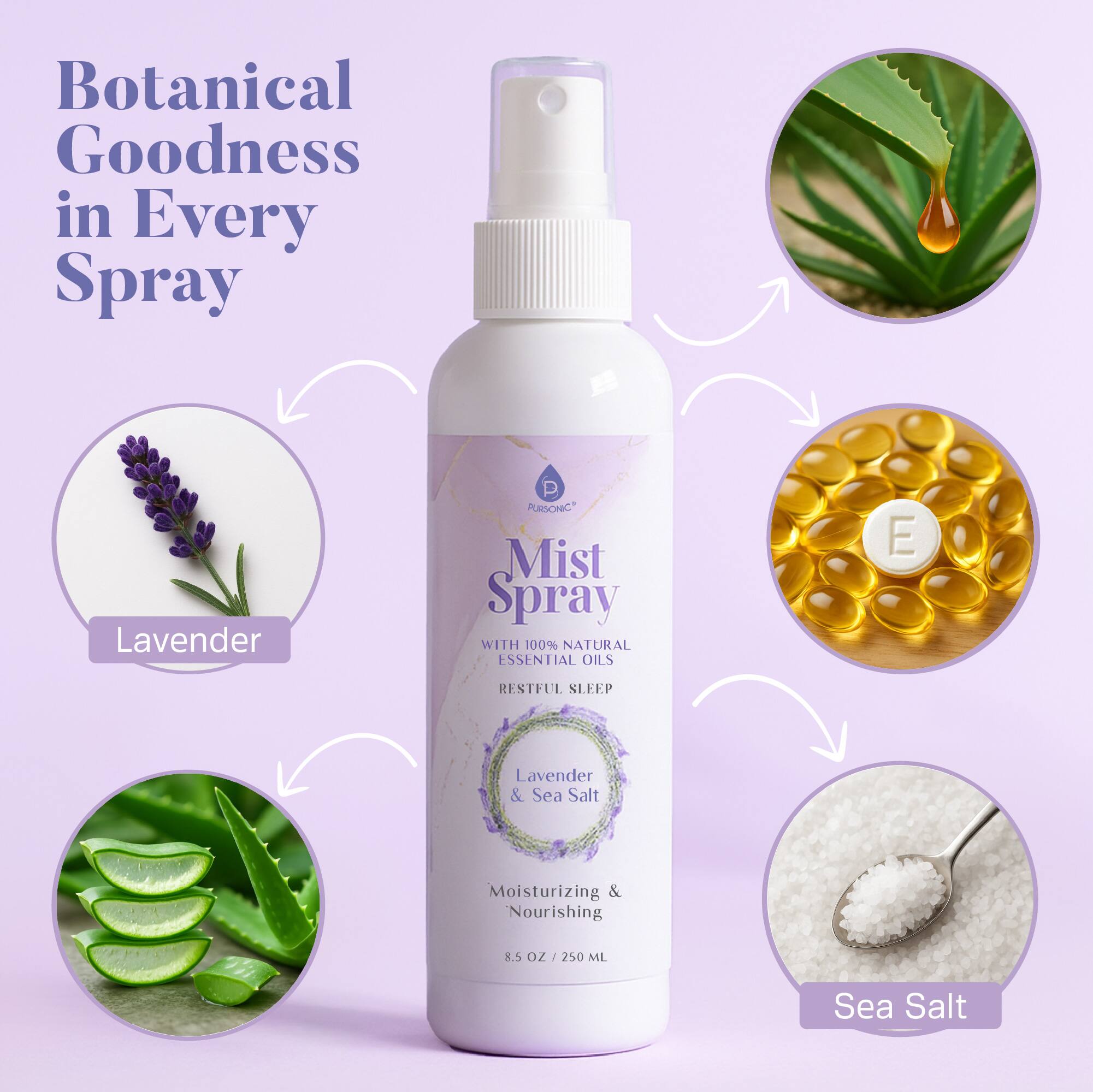 Botanical Goodness in Every Spray

Mist Spray  
WITH 100% NATURAL ESSENTIAL OILS  
RESTFUL SLEEP  
Lavender & Sea Salt  
Moisturizing & Nourishing  
8.5 OZ / 250 ML

Lavender  
Essential Oils  
Sea Salt