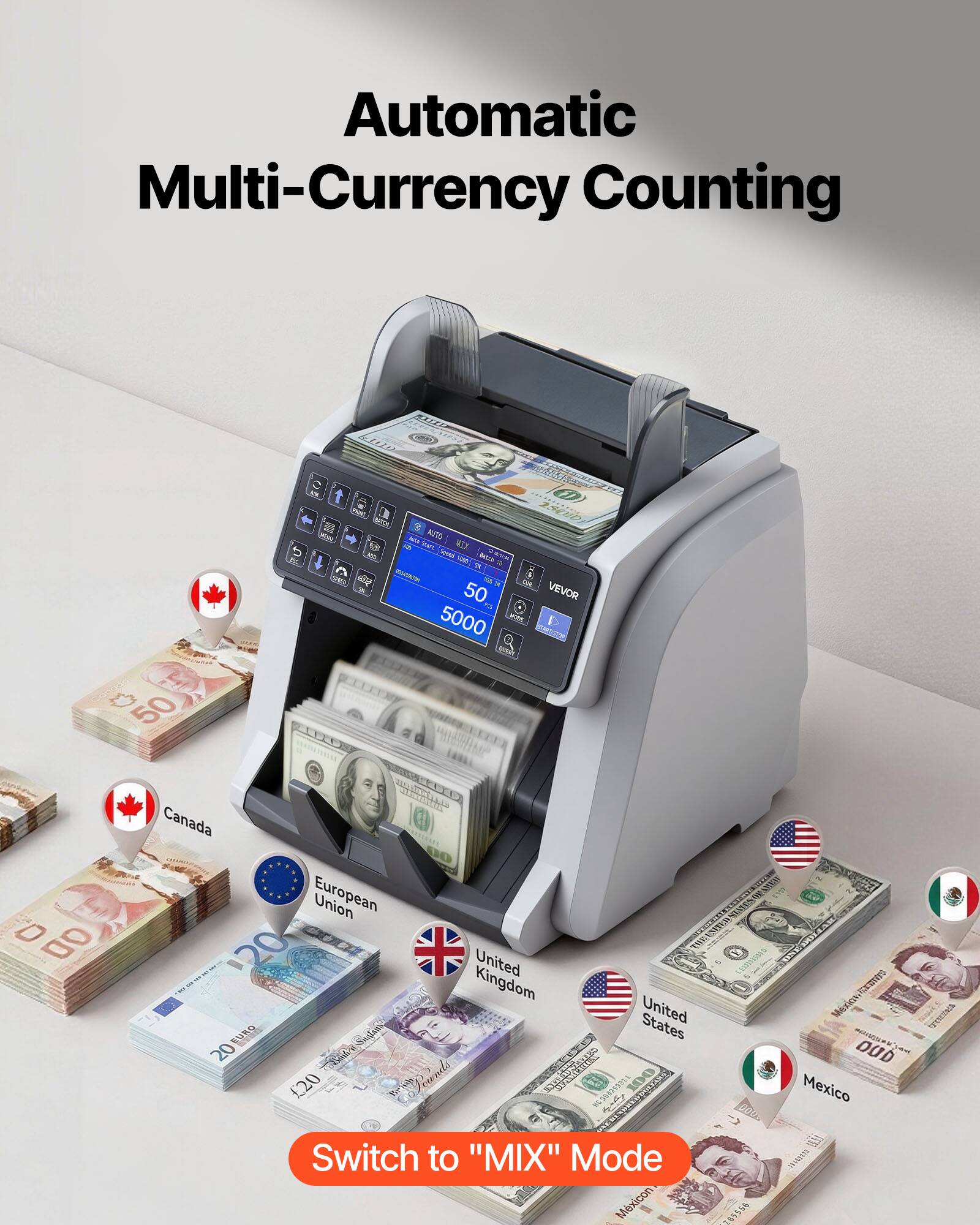 Automatic Multi-Currency Counting

Switch to "MIX" Mode

Canada
European Union
United Kingdom
United States
Mexico