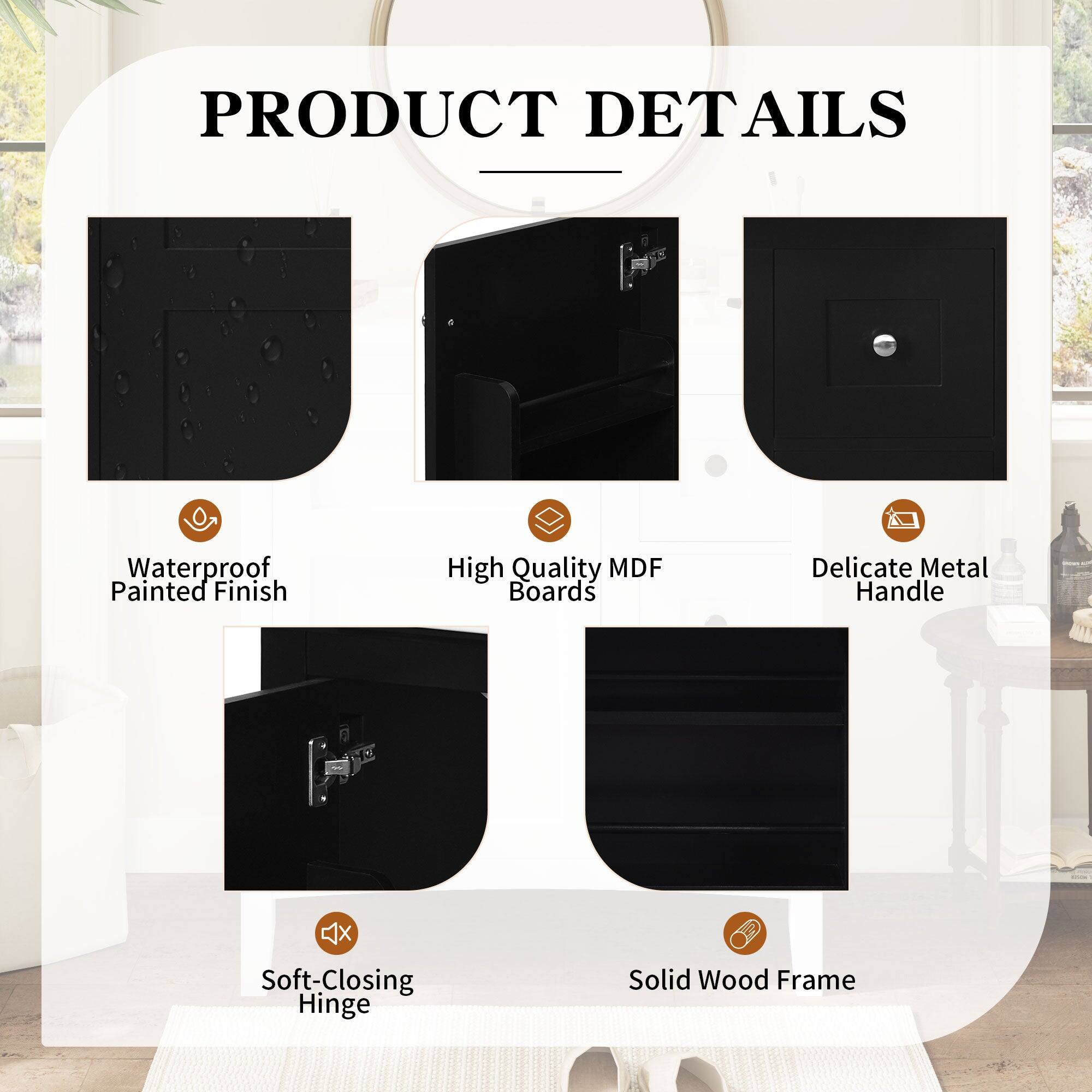 PRODUCT DETAILS

- Waterproof Painted Finish
- High Quality MDF Boards
- Delicate Metal Handle
- Soft-Closing Hinge
- Solid Wood Frame