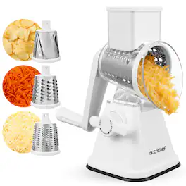 NutriChef - NCCHS3DRWH 3-in-1 Cheese Grater & Shredder, Suction Base, Rotary Handle, 3 Blades - White