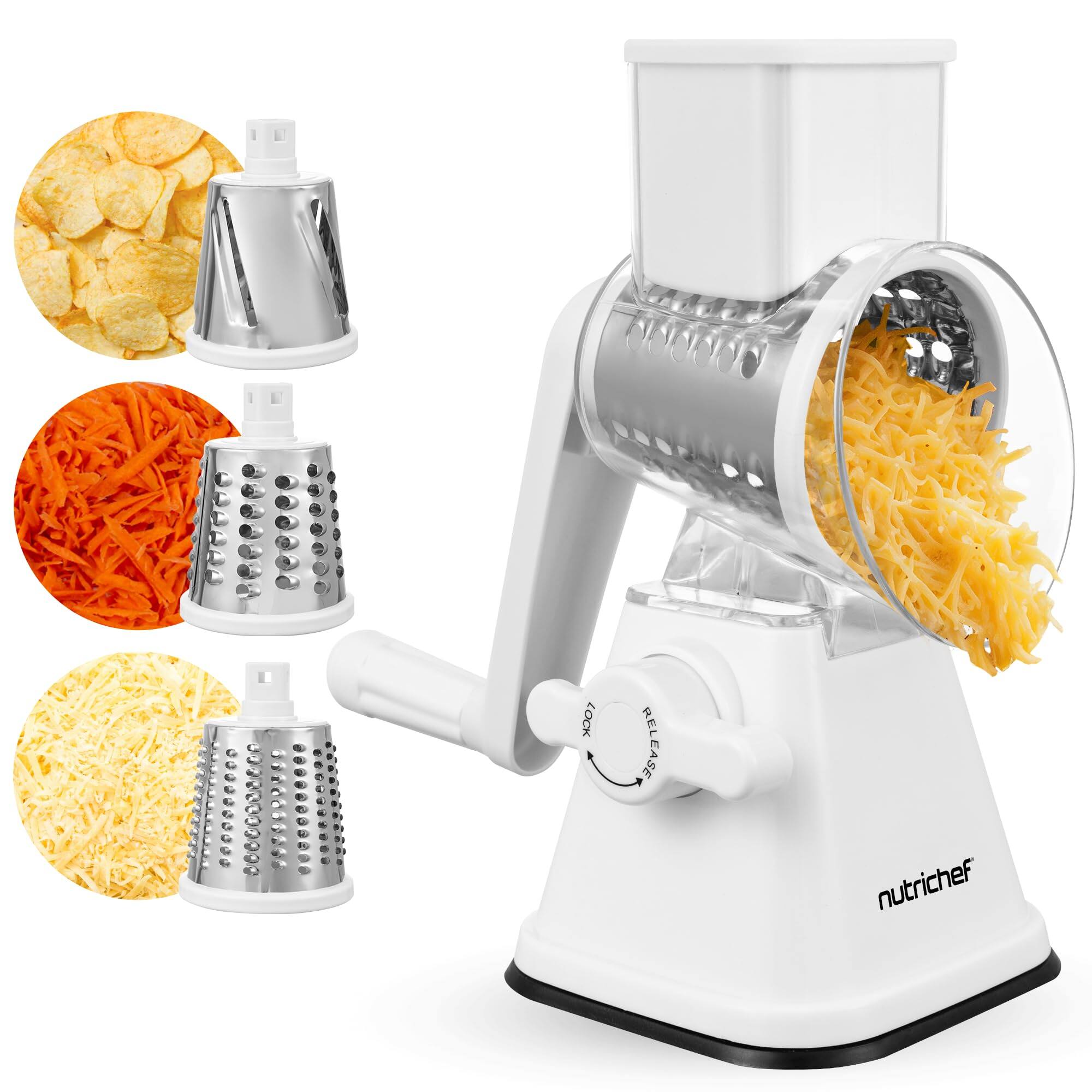 NutriChef - NCCHS3DRWH 3-in-1 Cheese Grater & Shredder, Suction Base, Rotary Handle, 3 Blades - White