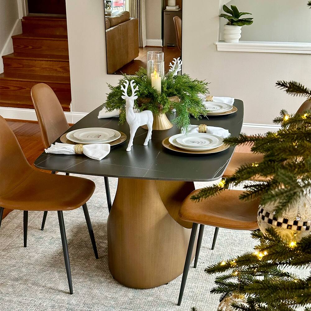 Alt View 4. POVISON - 71" Modern Minimalist Dining Table for 4-6, Black Rectangular Matte Sintered Stone Tabletop, Bronze Carbon Steel Leg - Matte Black Sintered Stone with Bronze.