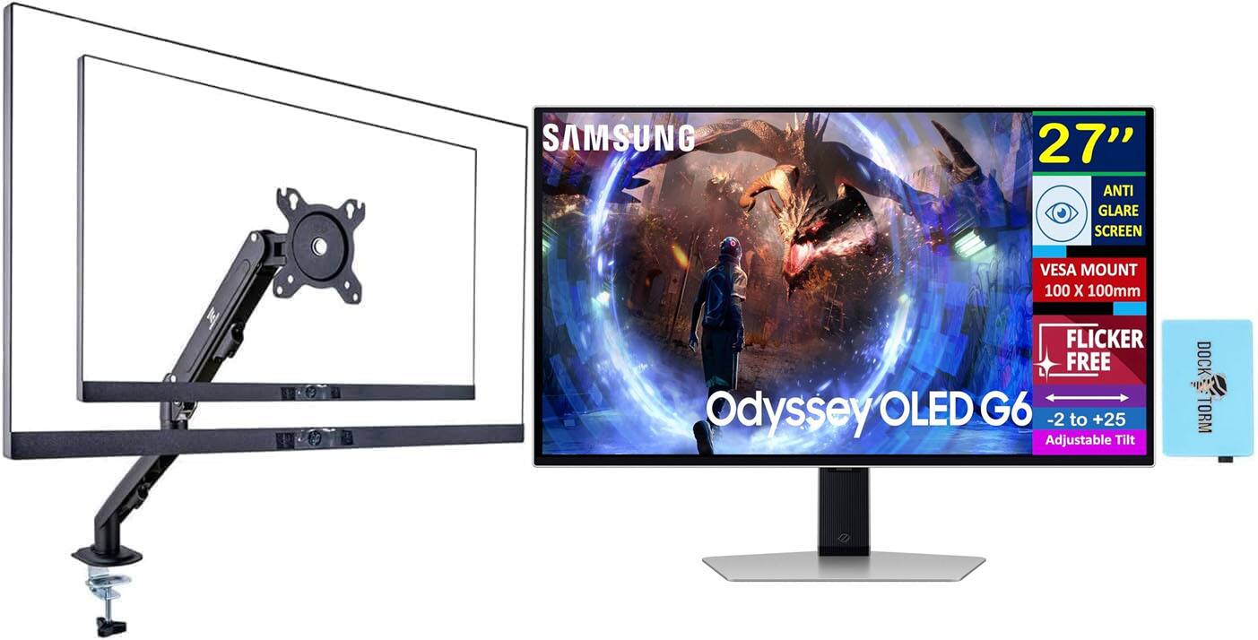 SAMSUNG 27" ANTI GLARE SCREEN VESA MOUNT 100 X 100mm FLICKER FREE Odyssey OLED G6 -2 to +25 Adjustable Tilt DOCK TORM