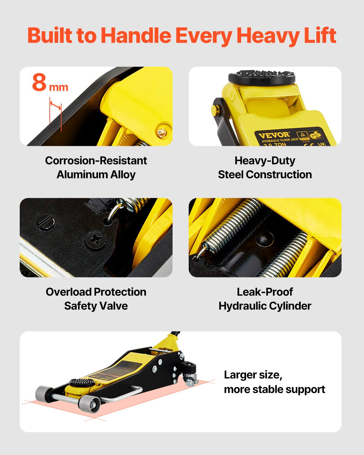Built to Handle Every Heavy Lift

8 mm

VEVOR A HYDRAULIC 1 FLOOR JACK 3.0 TON UK

Corrosion-Resistant Aluminum Alloy

Heavy-Duty Steel Construction

Overload Protection Safety Valve

Leak-Proof Hydraulic Cylinder

Larger size, more stable support