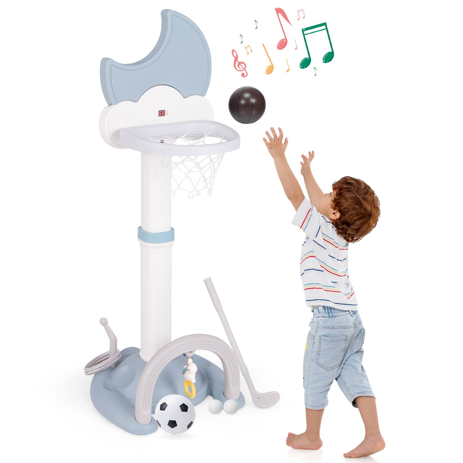 Back. SlickBlue - Kids 4-in-1 Basketball Playset with Moon-Shaped Electronic Scoreboard - White, Blue.