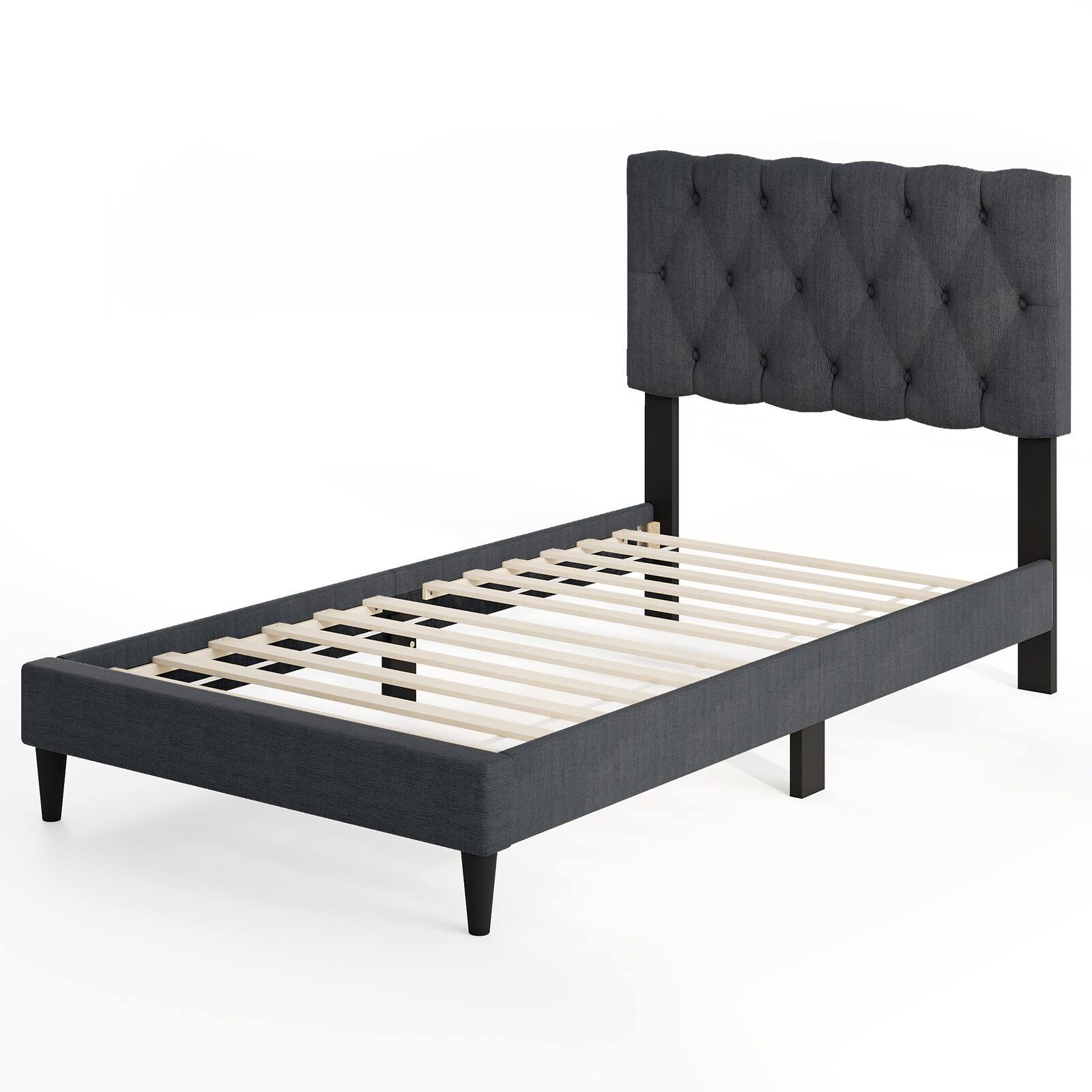 Alt View 4. LUCKY ONE - Twin Assembled Upholstered Platform Bed with Tufted Headboard Wooden Slats Gray - Gray-Twin.
