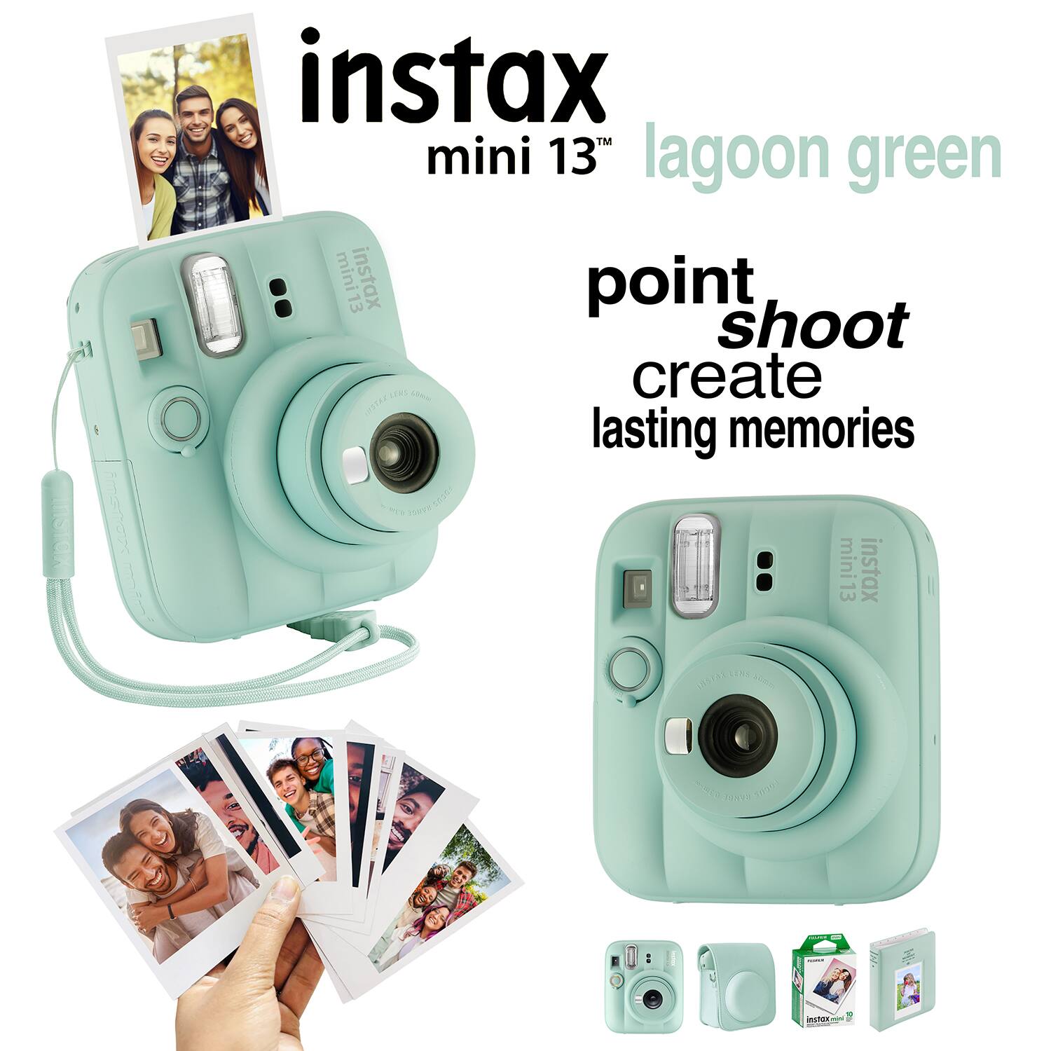 instax mini 13TH lagoon green mini 13 instax point shoot LERS create lasting memories 1535 ratus : mini13 instax LENS 185721 : 191  
Y0201  
COMME  
-  
X instox.com