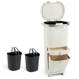 Costway - 11 Gallon Kitchen Trash Can with Lid, 2 Removable Buckets, Drawer, Step Pedal - Beige
