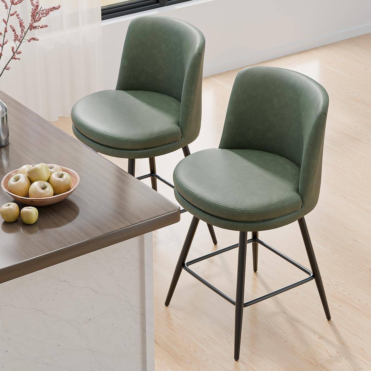 Alt View 4. Winado - 26" H Swivel Barstools PU Faux Leather Upholstered Counter Height Bar Stool Chair with Back, Round Seat, Metal Legs - Vintage Green-Set of 2.