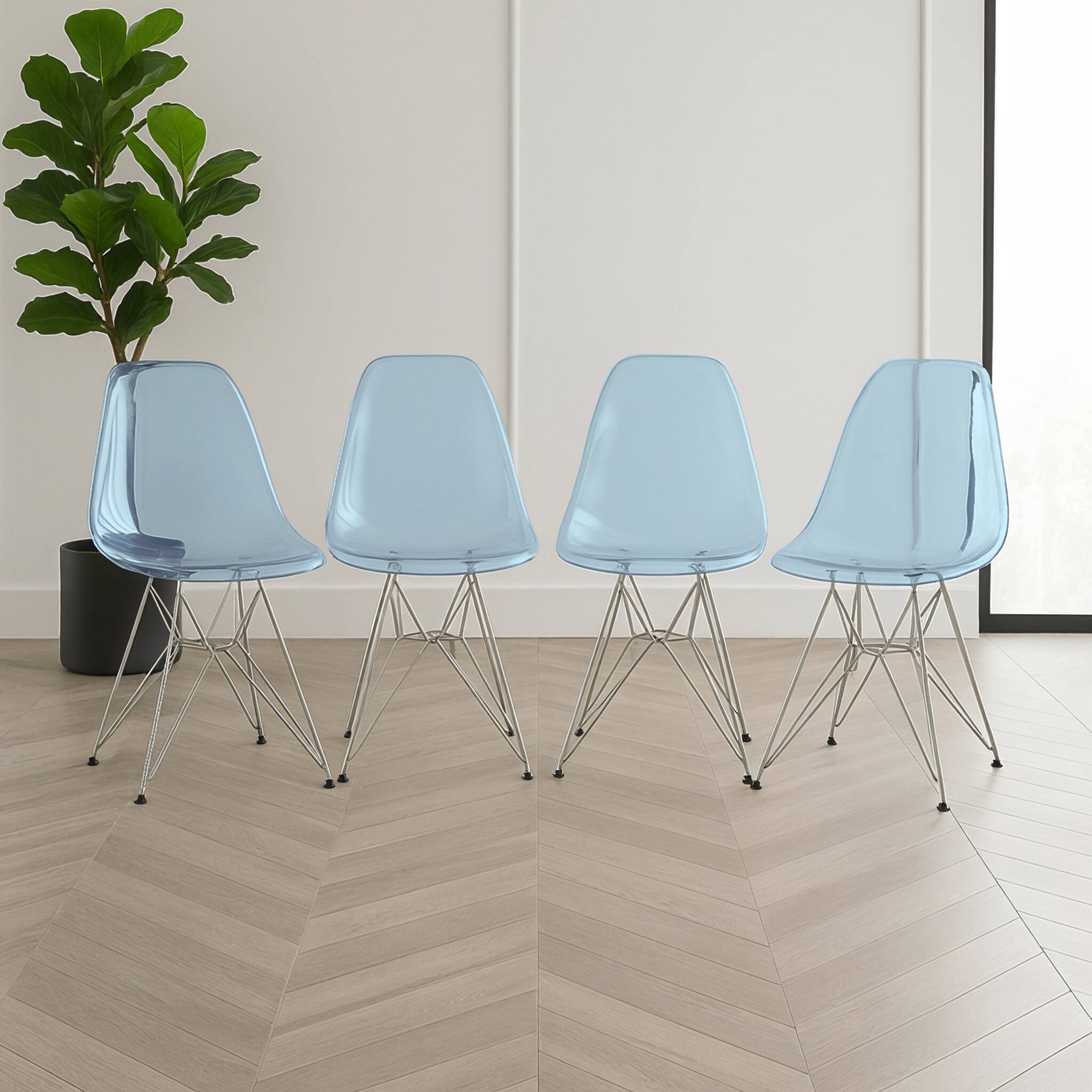 Angle. LeisureMod - Cresco 4-Pieces Ergonomic Acrylic Dining Chair with Chrome Eiffel Base for Home or Office - Transparent Blue.