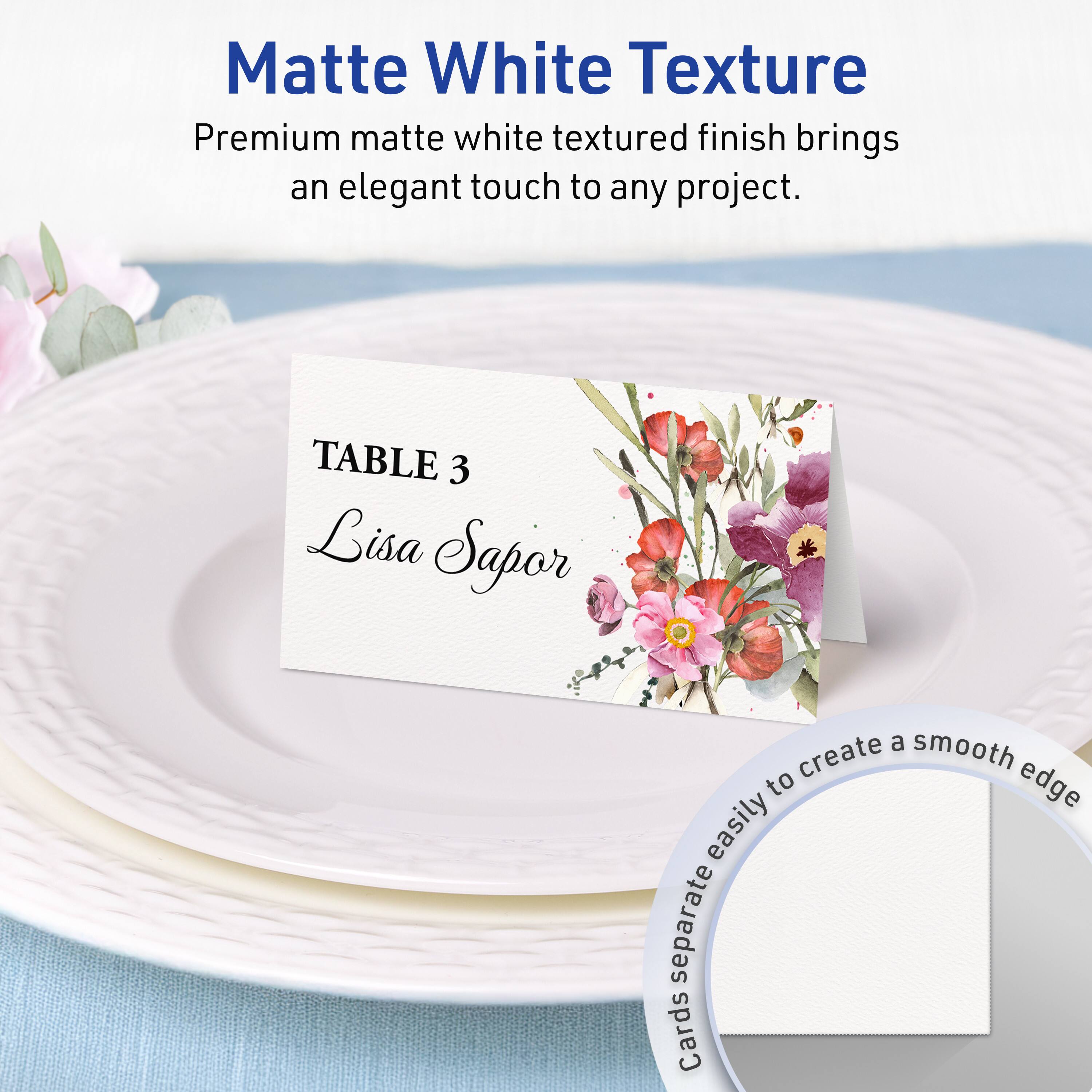 Matte White Texture  
Premium matte white textured finish brings an elegant touch to any project.

TABLE 3  
Lisa Sapor

Cards separate easily to create a smooth edge.